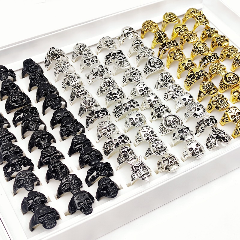 Vintage Punk Skull Skeleton Rings Mix Style Silver Plated Gothic Jewelry Lot